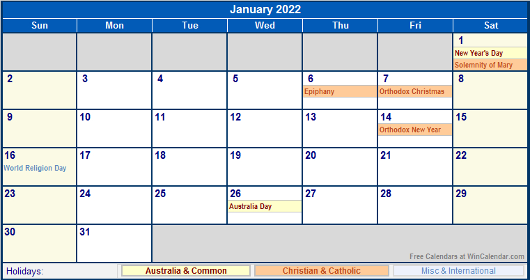 January 2022 Australia Calendar With Holidays For Printing