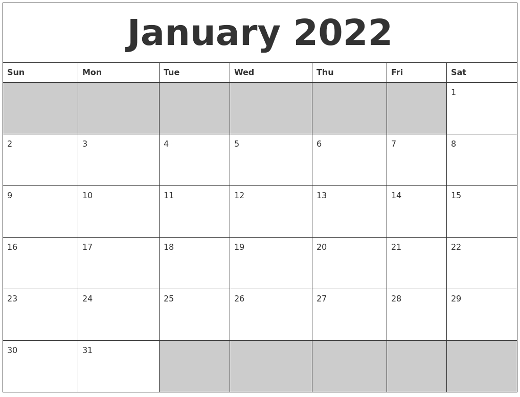 January 2022 Blank Printable Calendar