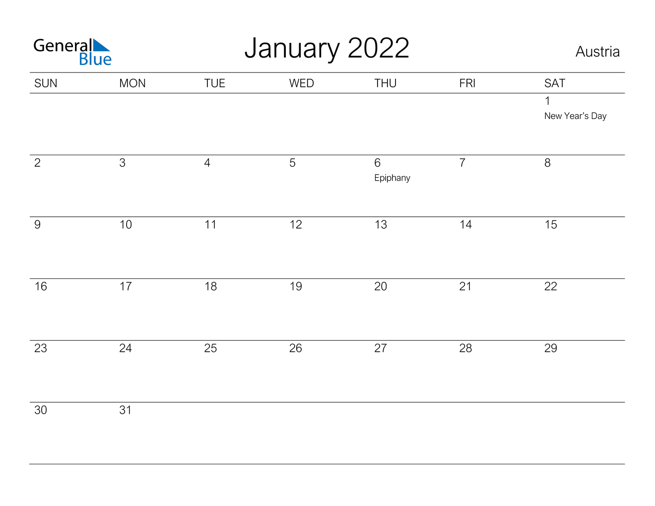 January 2022 Calendar - Austria