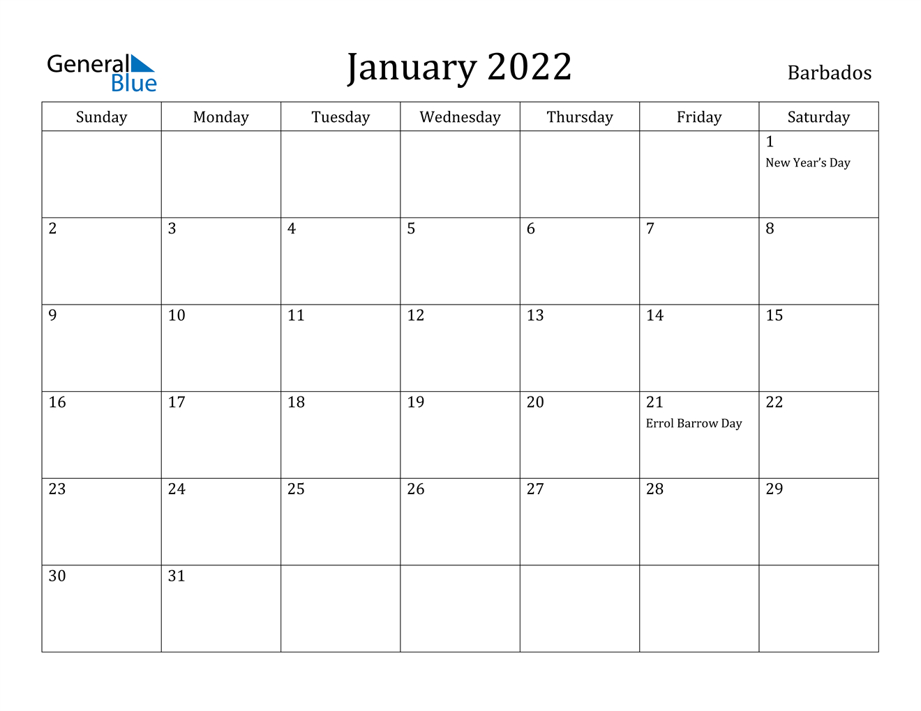 January 2022 Calendar - Barbados