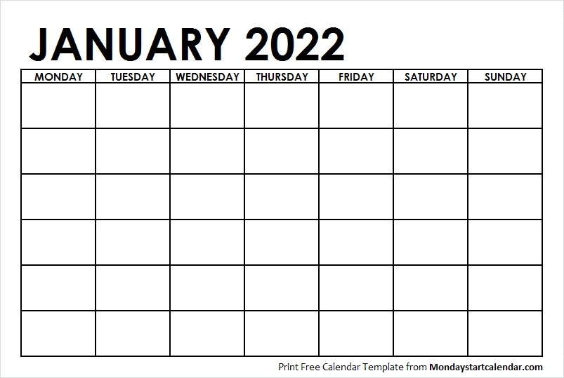 January 2022 Calendar Blank Template To Print | Starting