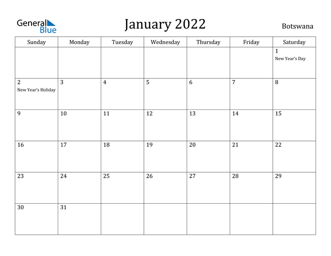 January 2022 Calendar - Botswana