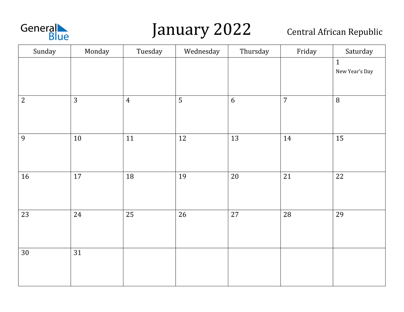 January 2022 Calendar - Central African Republic