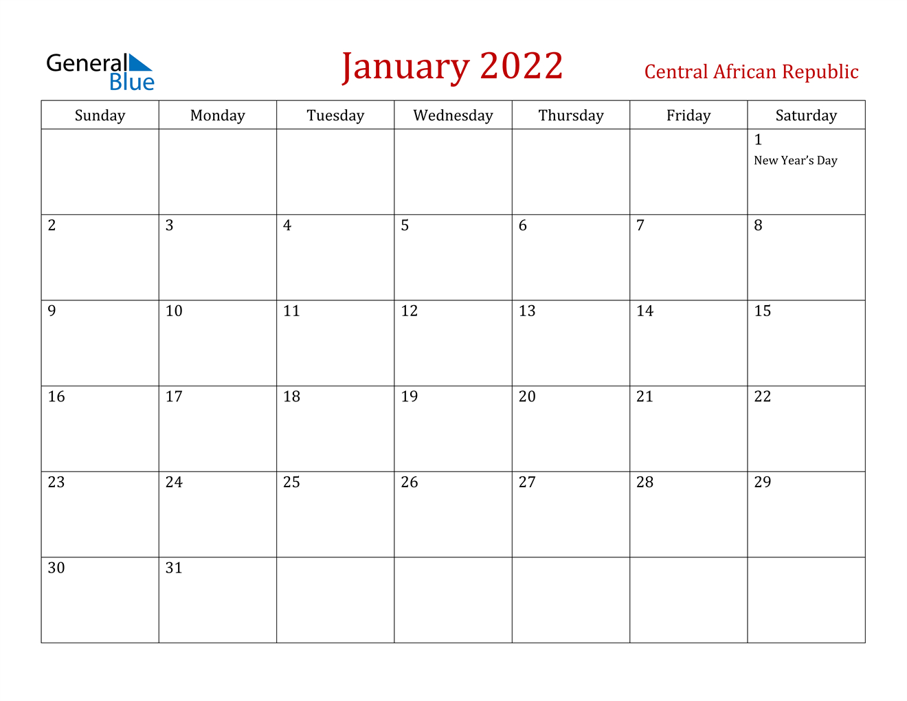 January 2022 Calendar - Central African Republic