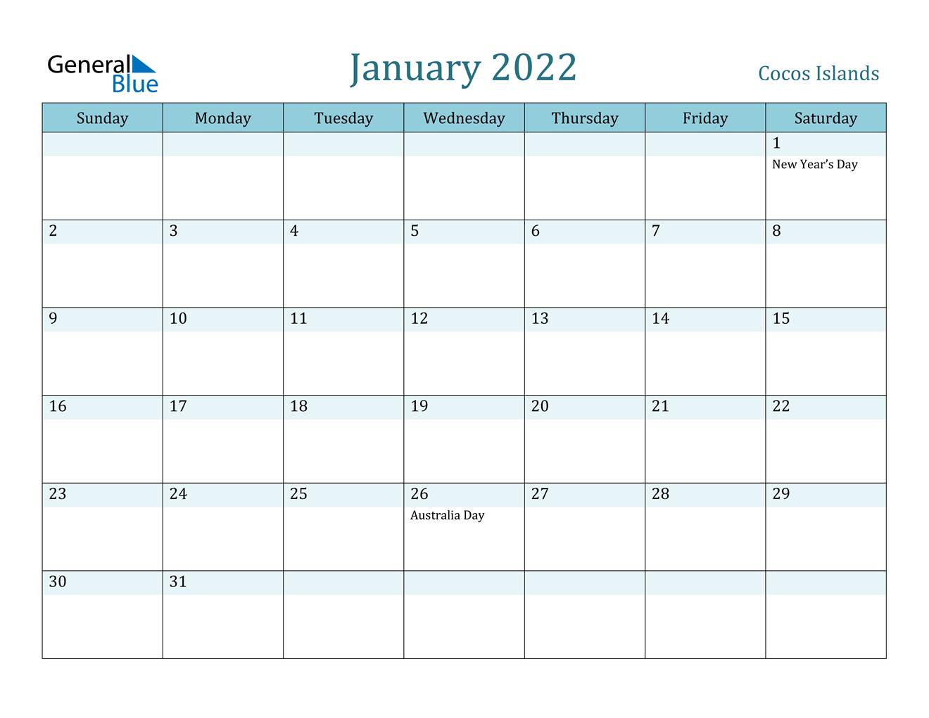 January 2022 Calendar - Cocos Islands