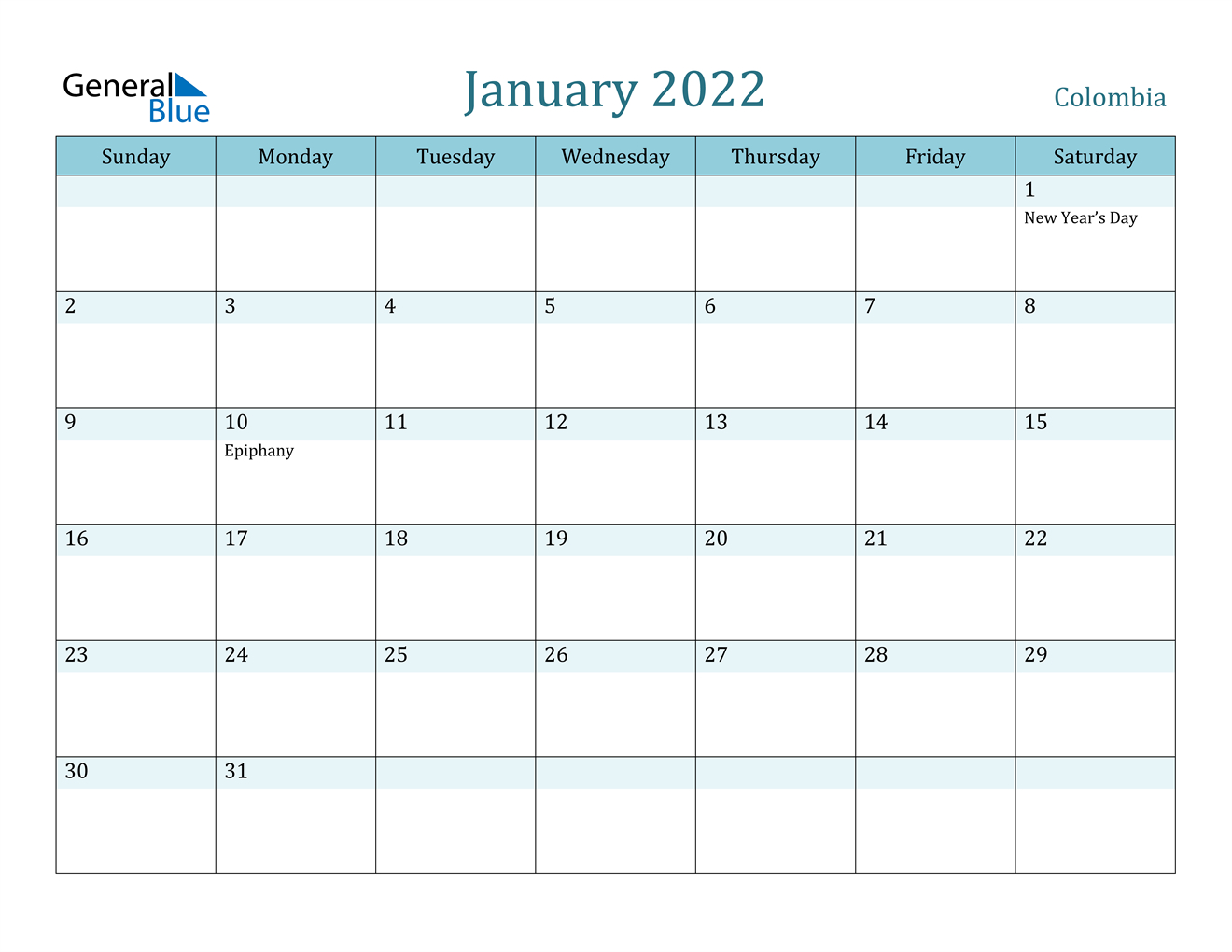 January 2022 Calendar - Colombia