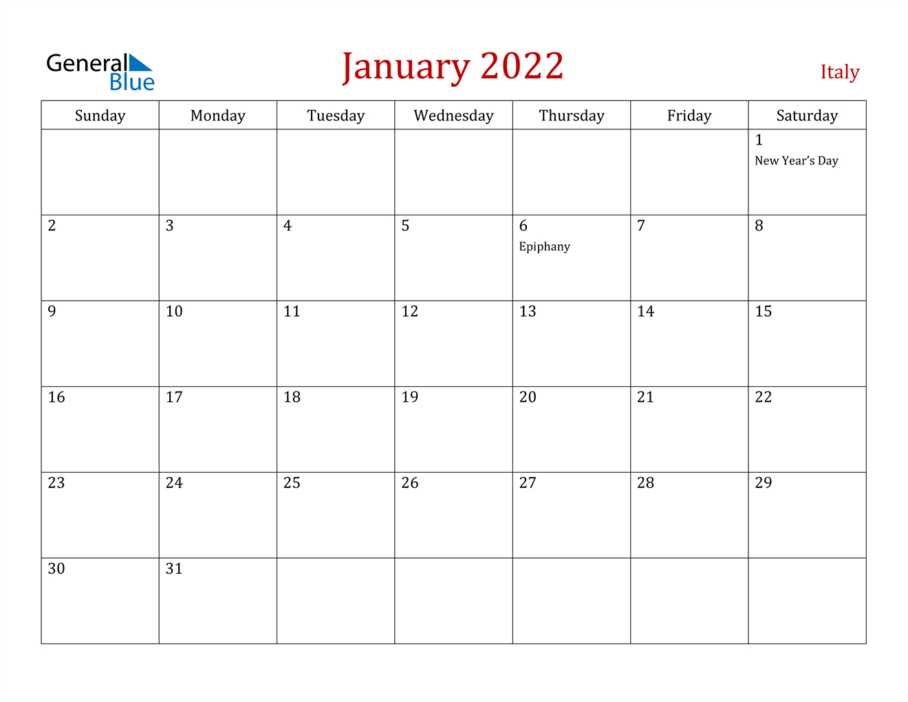 January 2022 Calendar - Italy