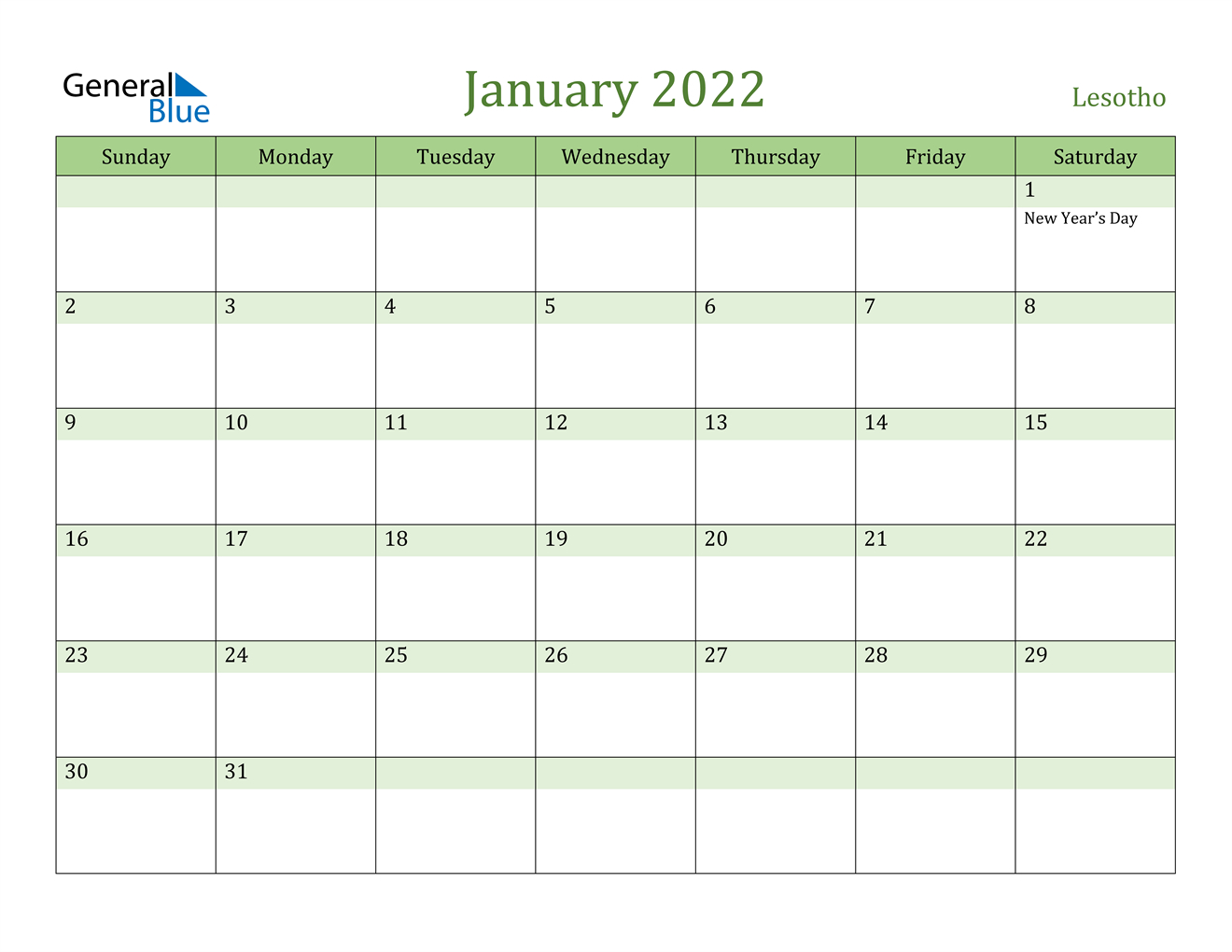 January 2022 Calendar - Lesotho