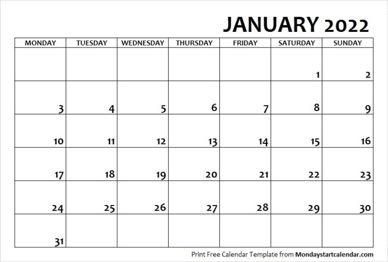 January 2022 Calendar Monday Start | January Month Template