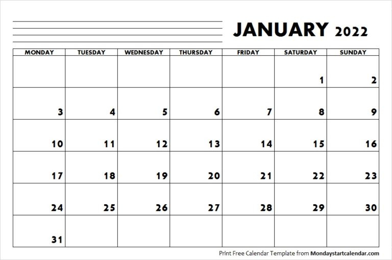 January 2022 Calendar Monday Start | January Month Template