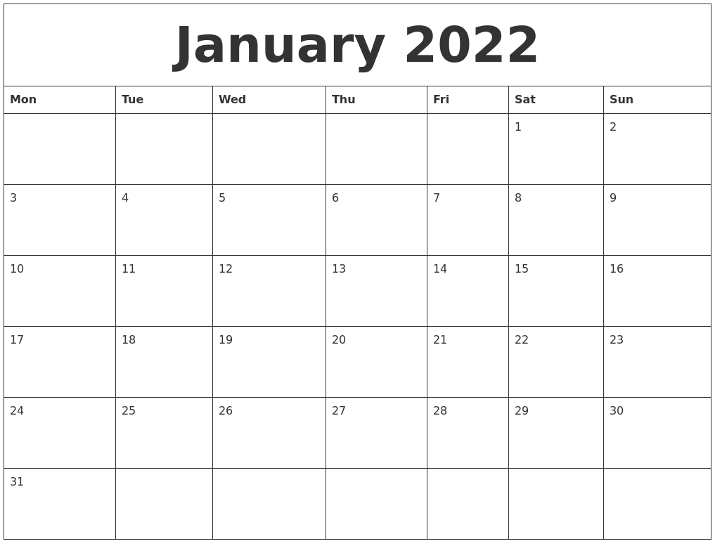 January 2022 Calendar Monthly