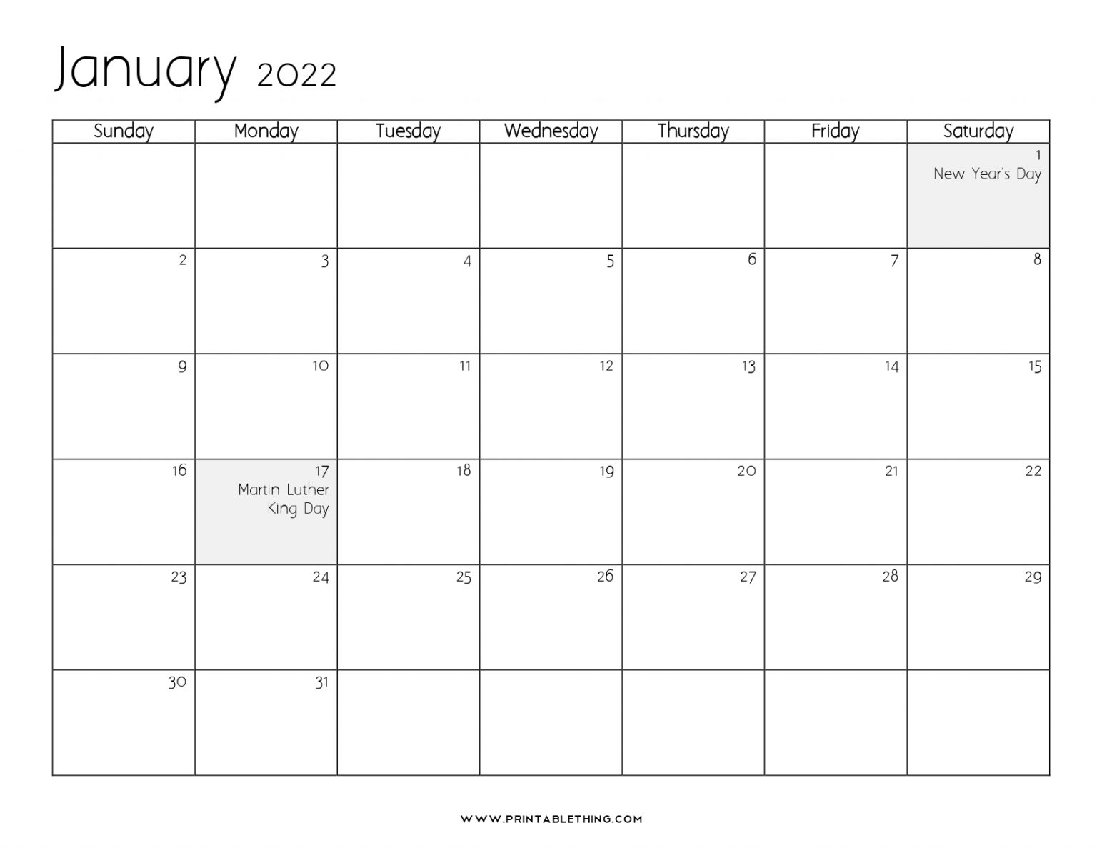 January 2022 Calendar Printable, Pdf, Us Holidays, January