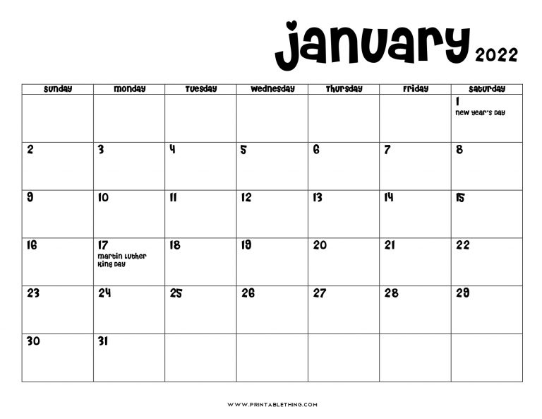 January 2022 Calendar Printable, Pdf, Us Holidays, January