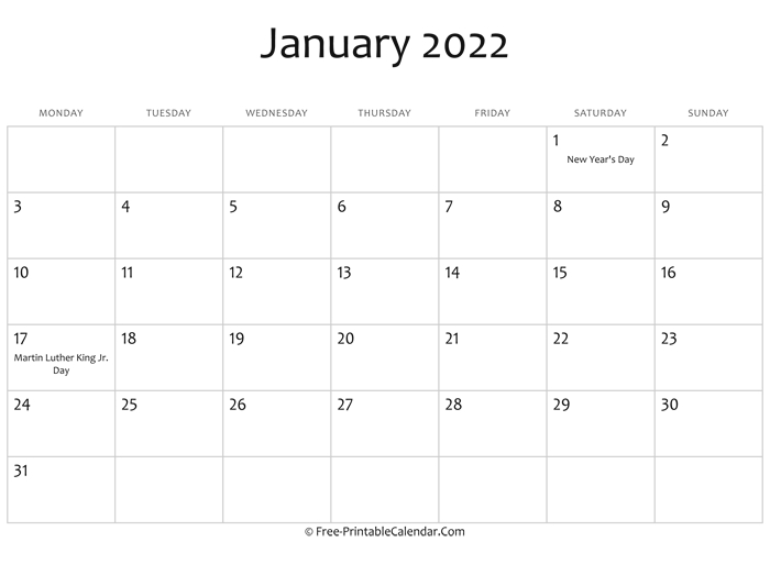 January 2022 Calendar Printable With Holidays