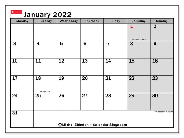 January 2022 Calendar Singapore - Allcalendar