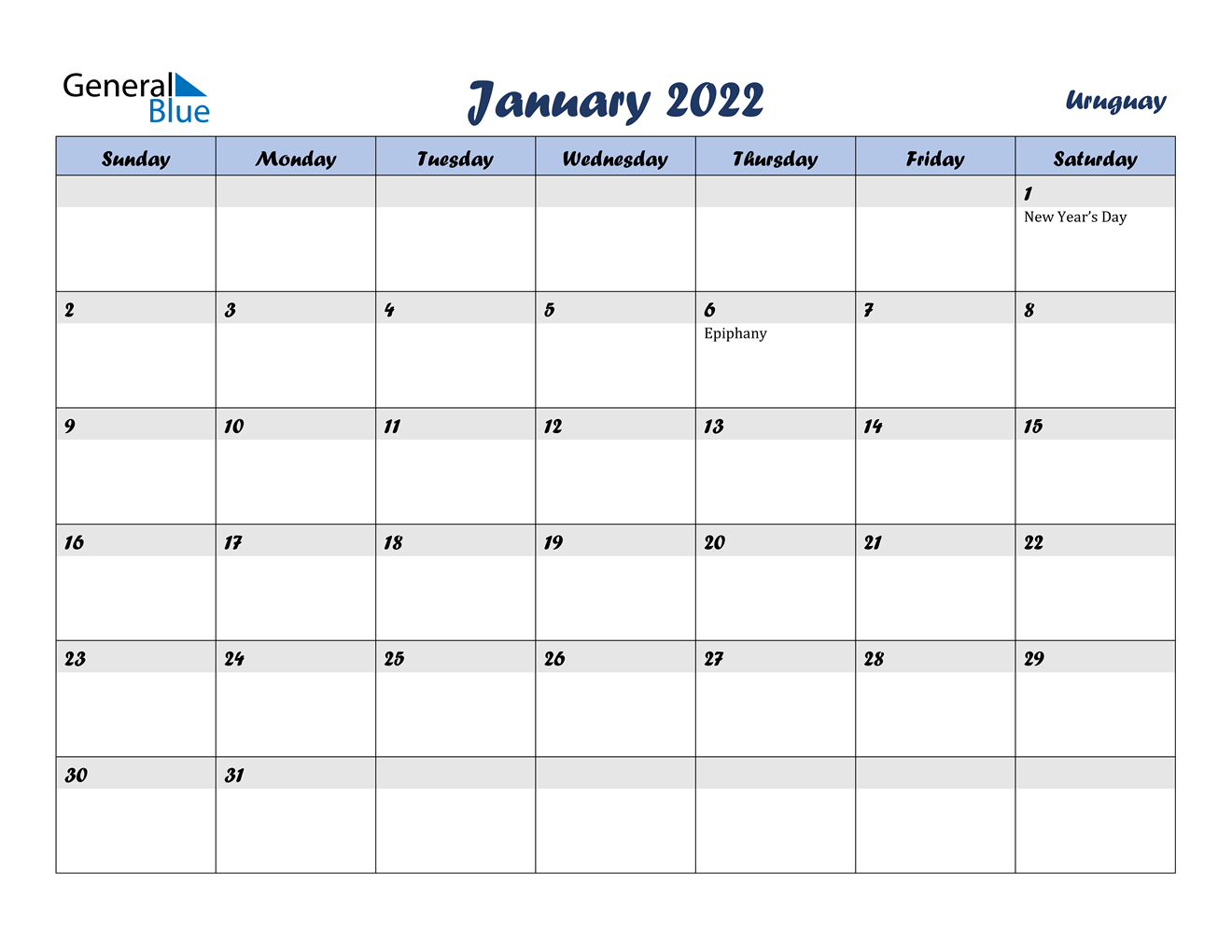January 2022 Calendar - Uruguay