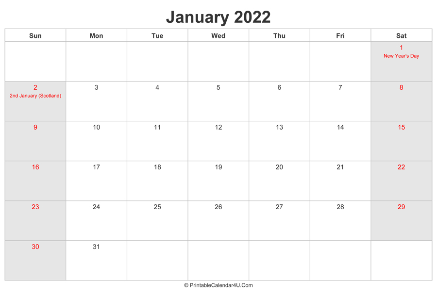 January 2022 Calendar With Uk Bank Holidays Highlighted