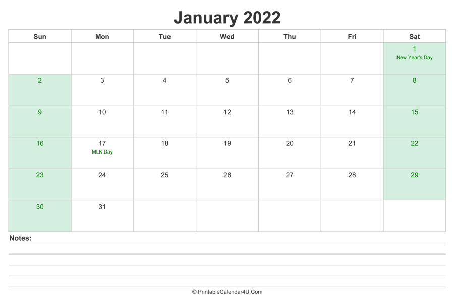 January 2022 Calendar With Us Holidays And Notes