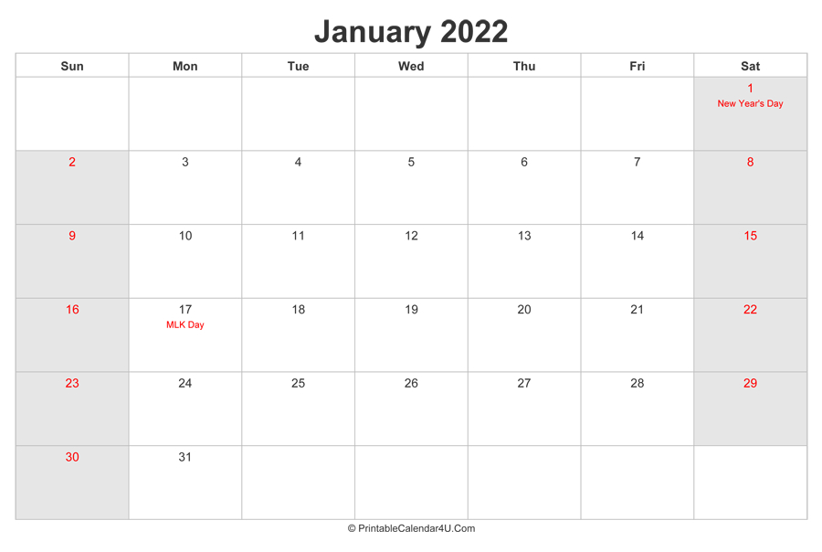 January 2022 Calendar With Us Holidays Highlighted