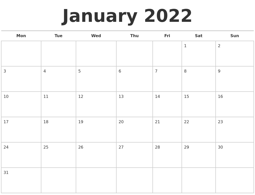 January 2022 Calendars Free