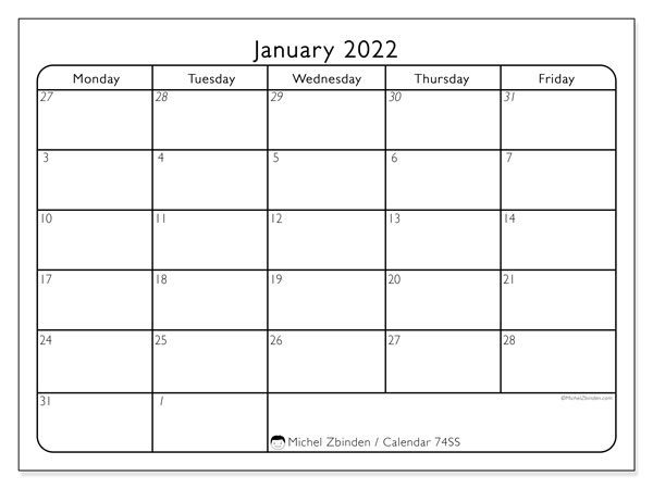 January 2022 Calendars &quot;Sunday - Saturday&quot; - Michel Zbinden En