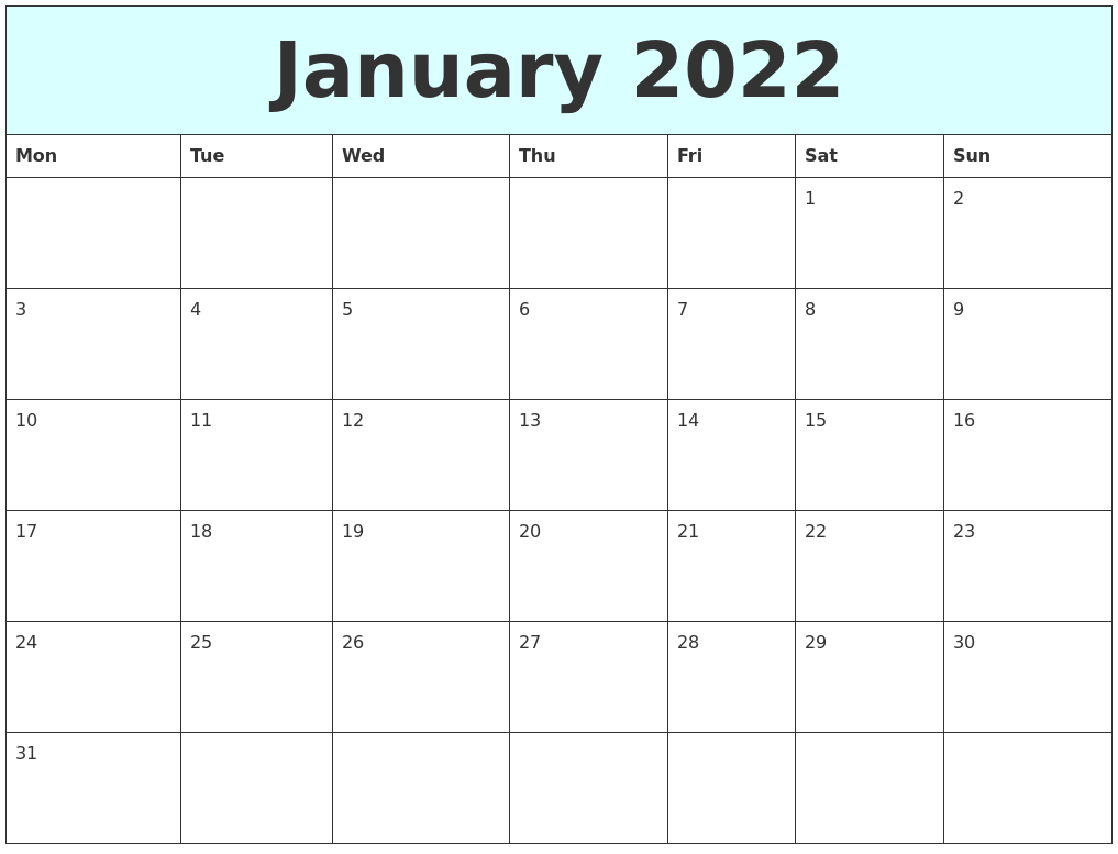 January 2022 Free Calendar