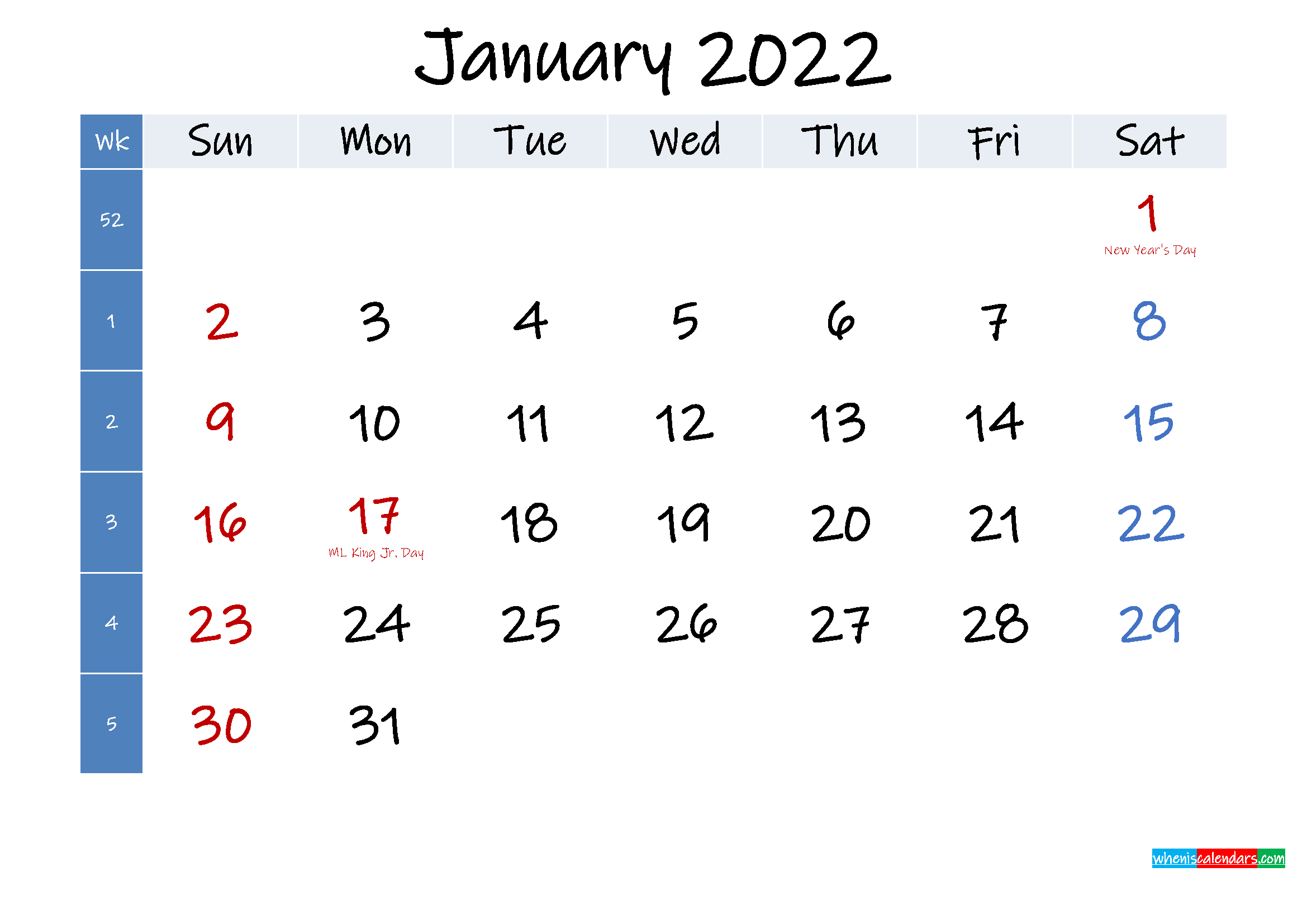 January 2022 Free Printable Calendar With Holidays