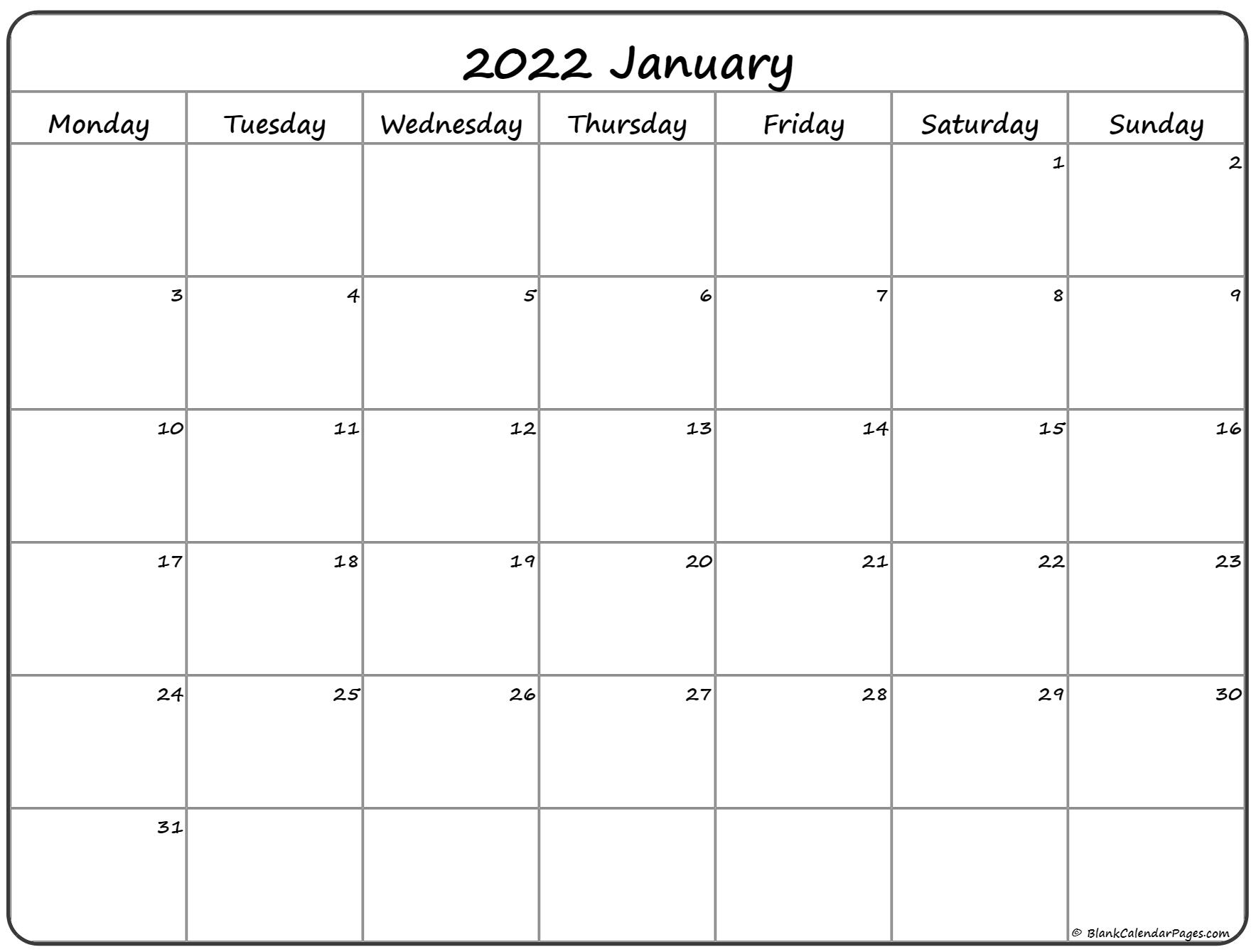 January 2022 Monday Calendar | Monday To Sunday