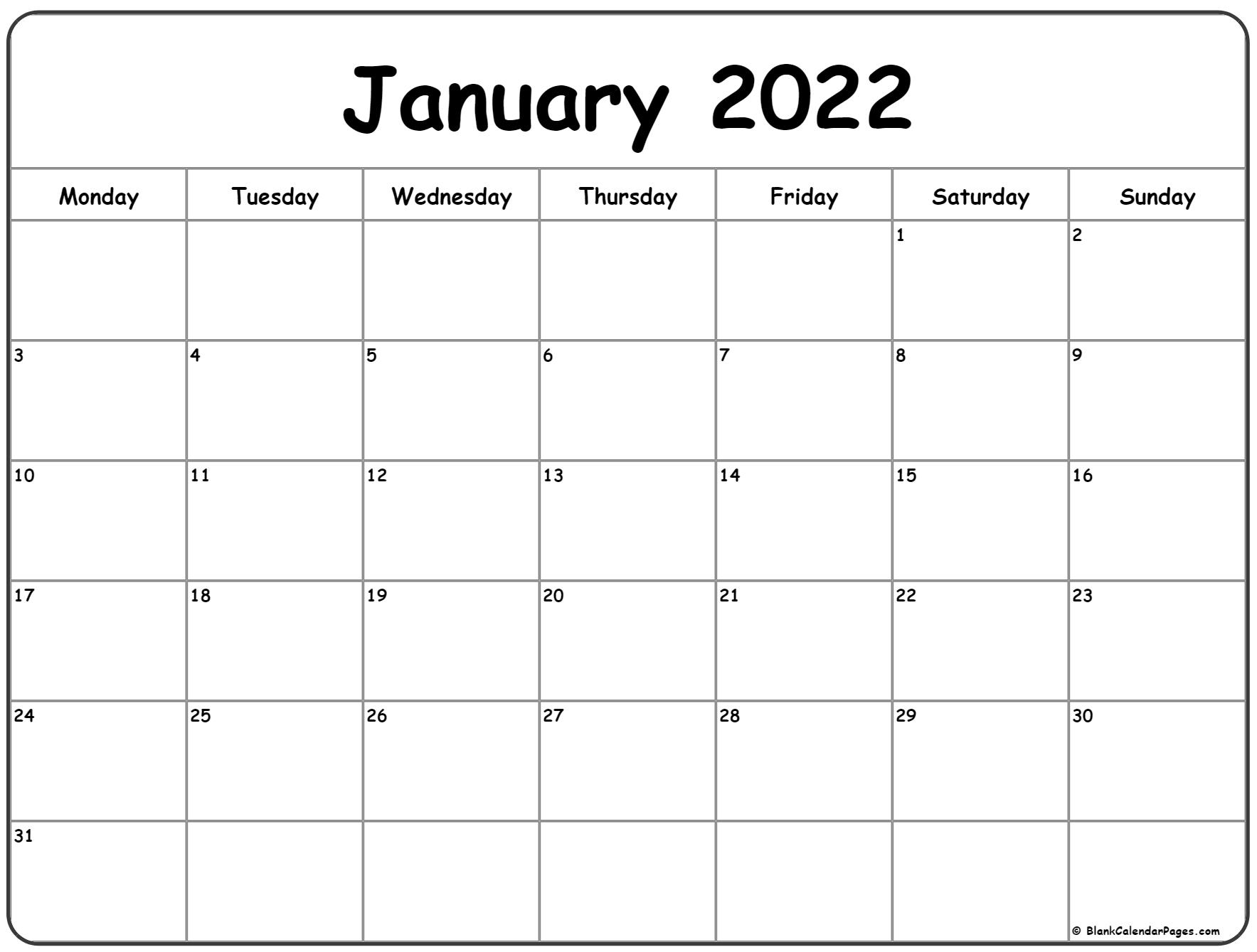 January 2022 Monday Calendar | Monday To Sunday