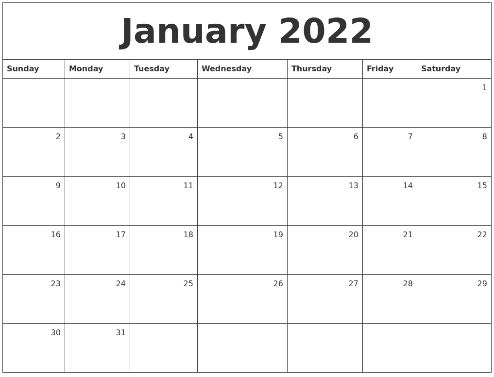 January 2022 Monthly Calendar