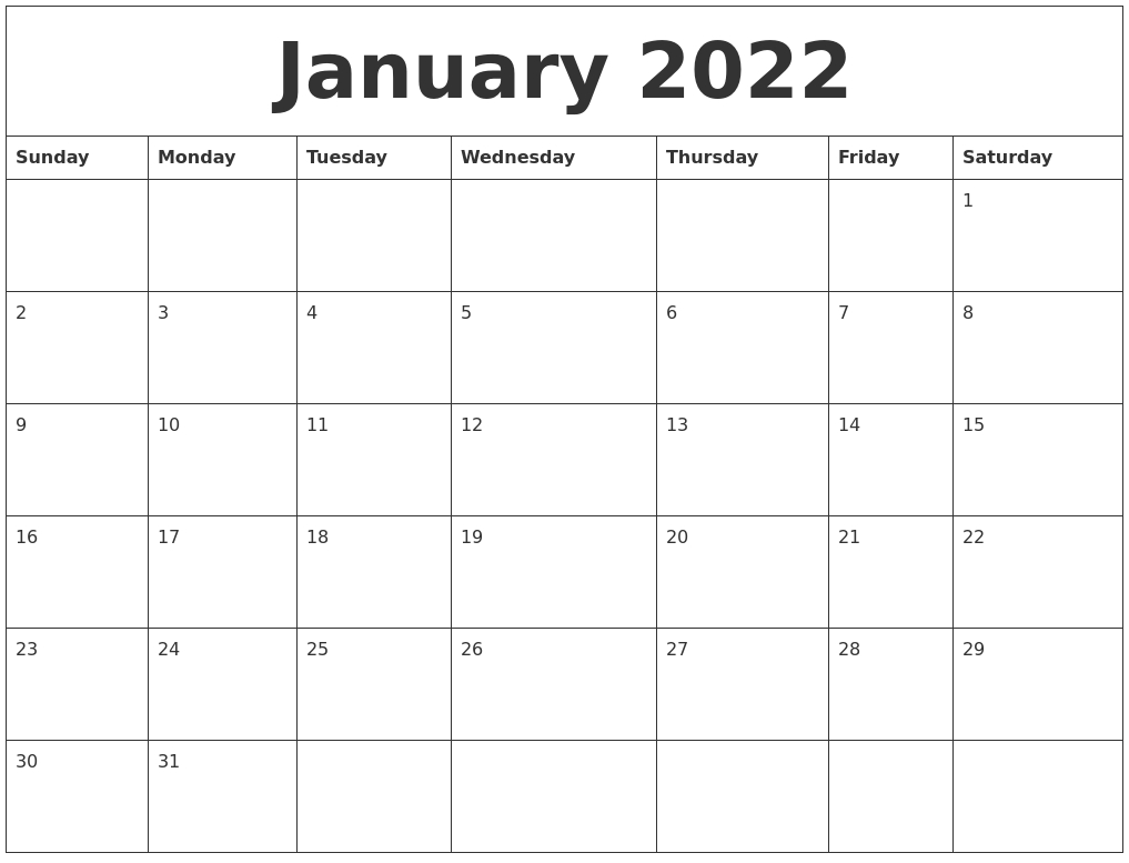 January 2022 Printable Daily Calendar