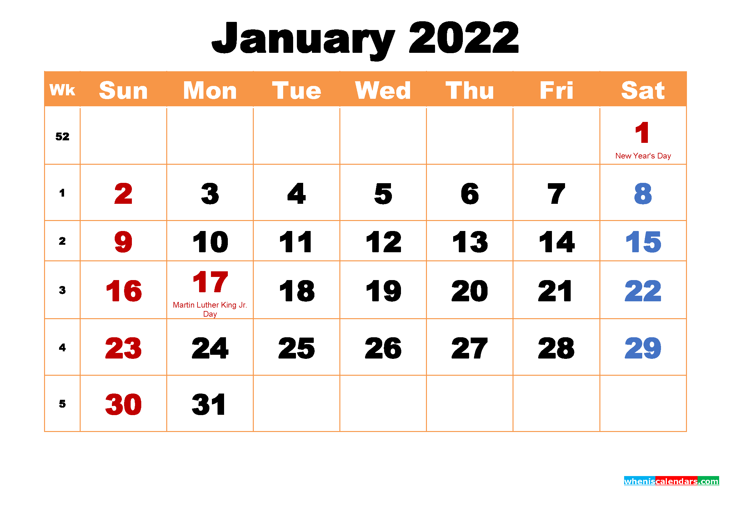 January 2022 Printable Monthly Calendar With Holidays