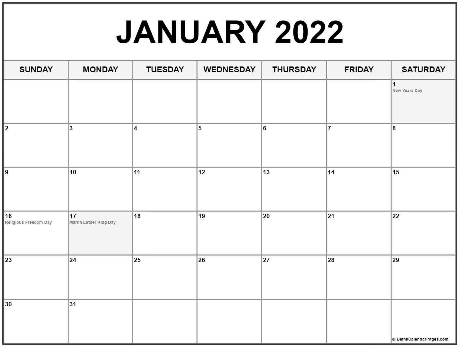 January 2022 With Holidays Calendar