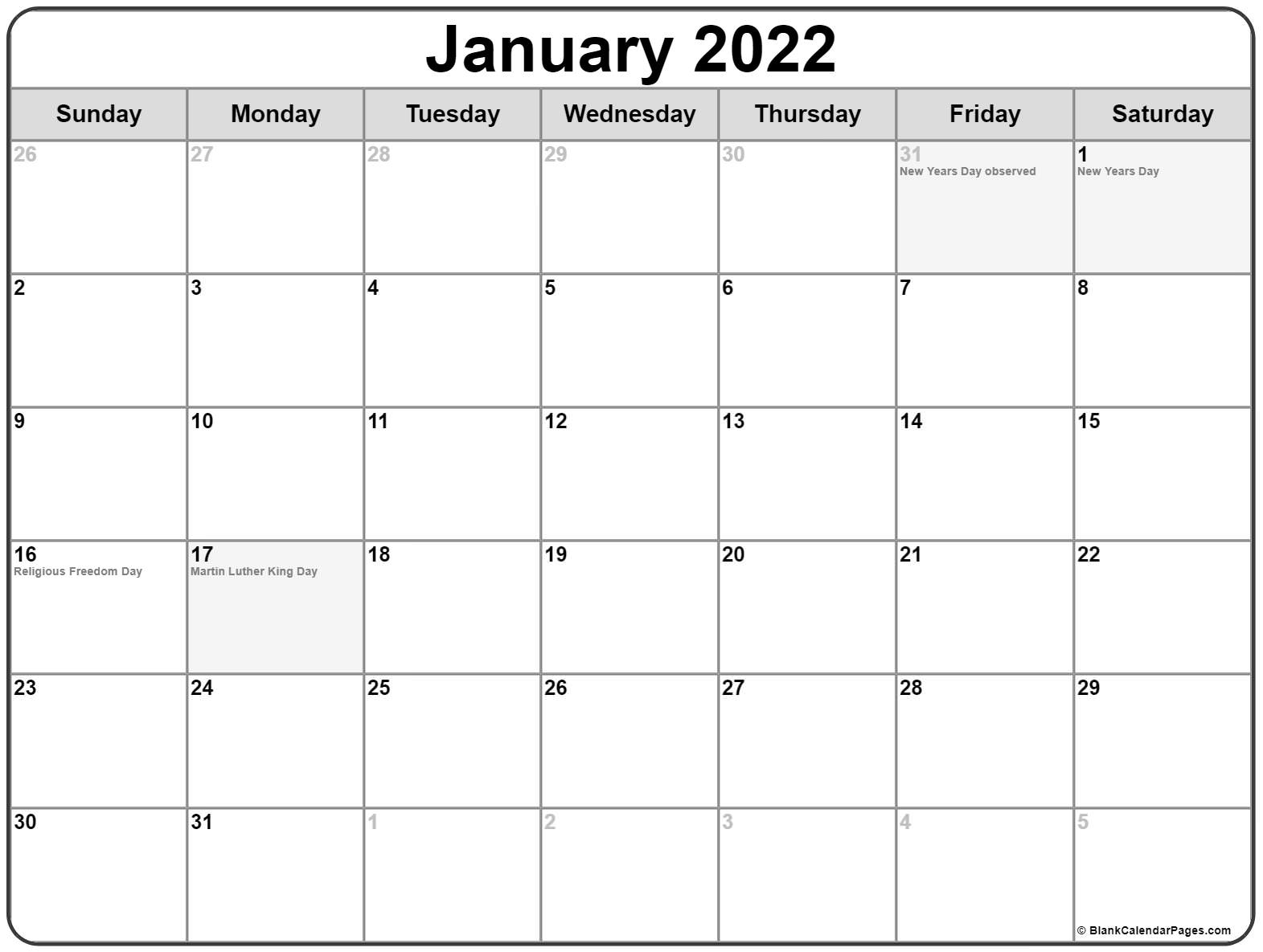 January 2022 With Holidays Calendar