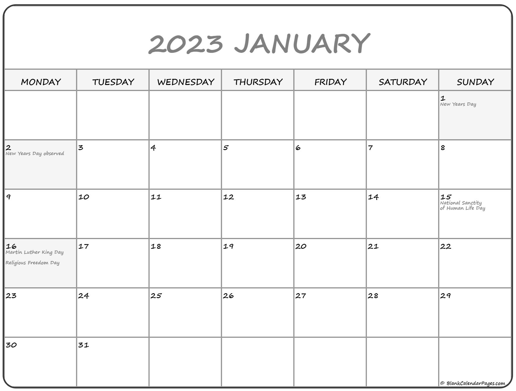 January 2023 Monday Calendar | Monday To Sunday