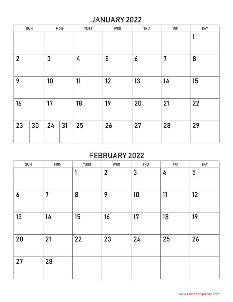 January And February 2022 Calendar - Allcalendar