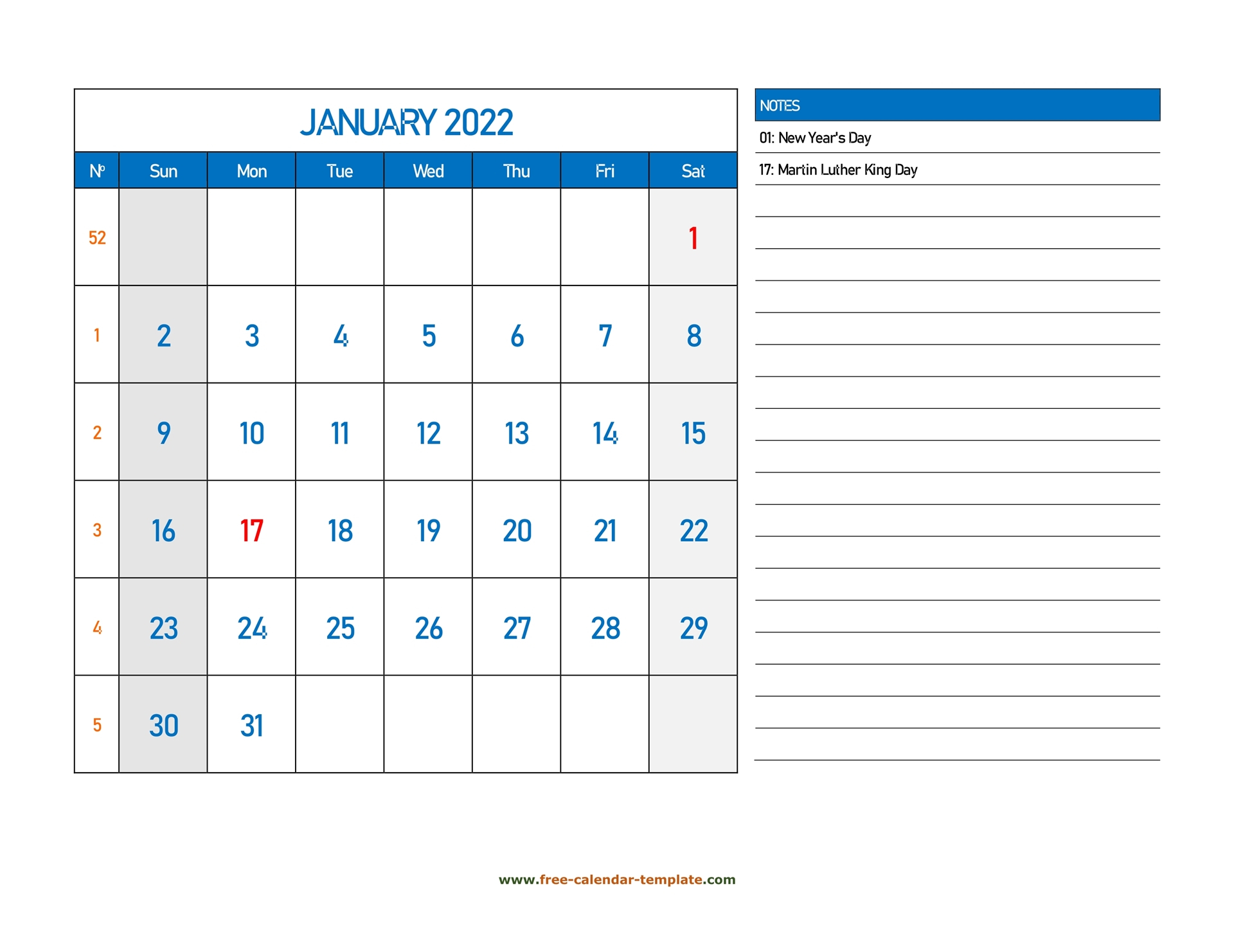 January Calendar 2022 Grid Lines For Holidays And Notes
