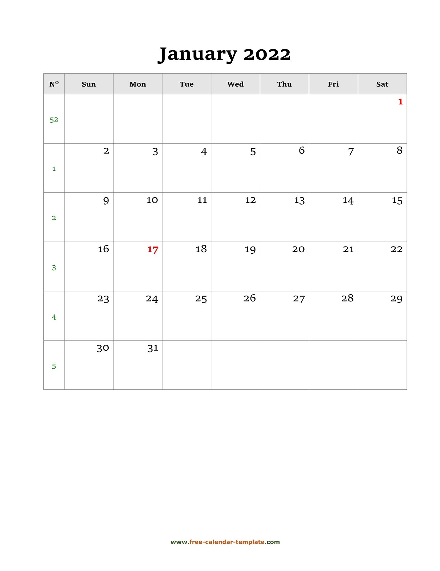 January Calendar 2022 Simple Design With Large Box On Each