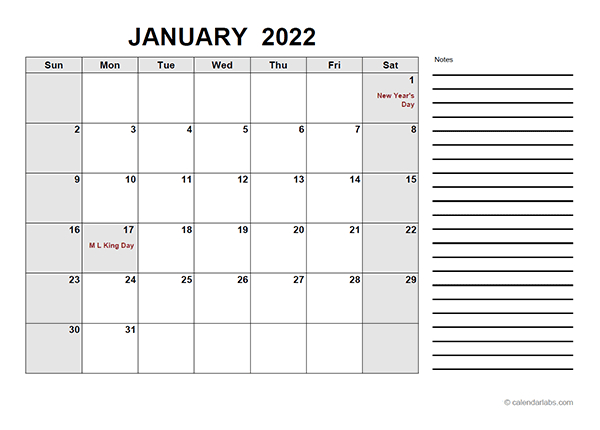 January Calendar 2022