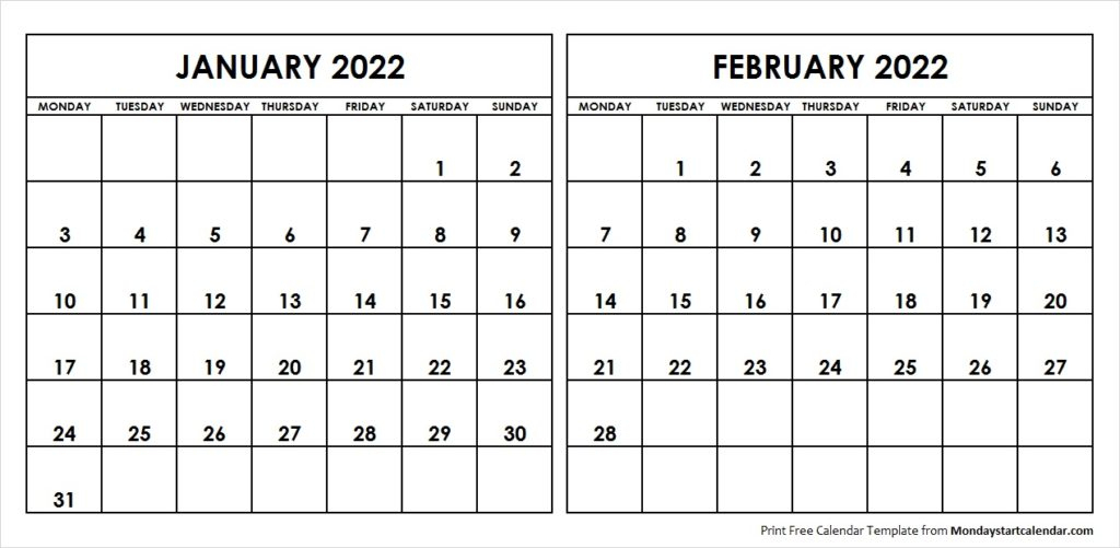 January February 2022 Calendar Monday Start | Two Months
