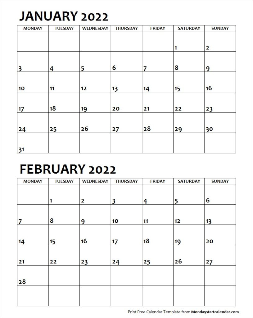 January February 2022 Calendar Monday Start | Two Months