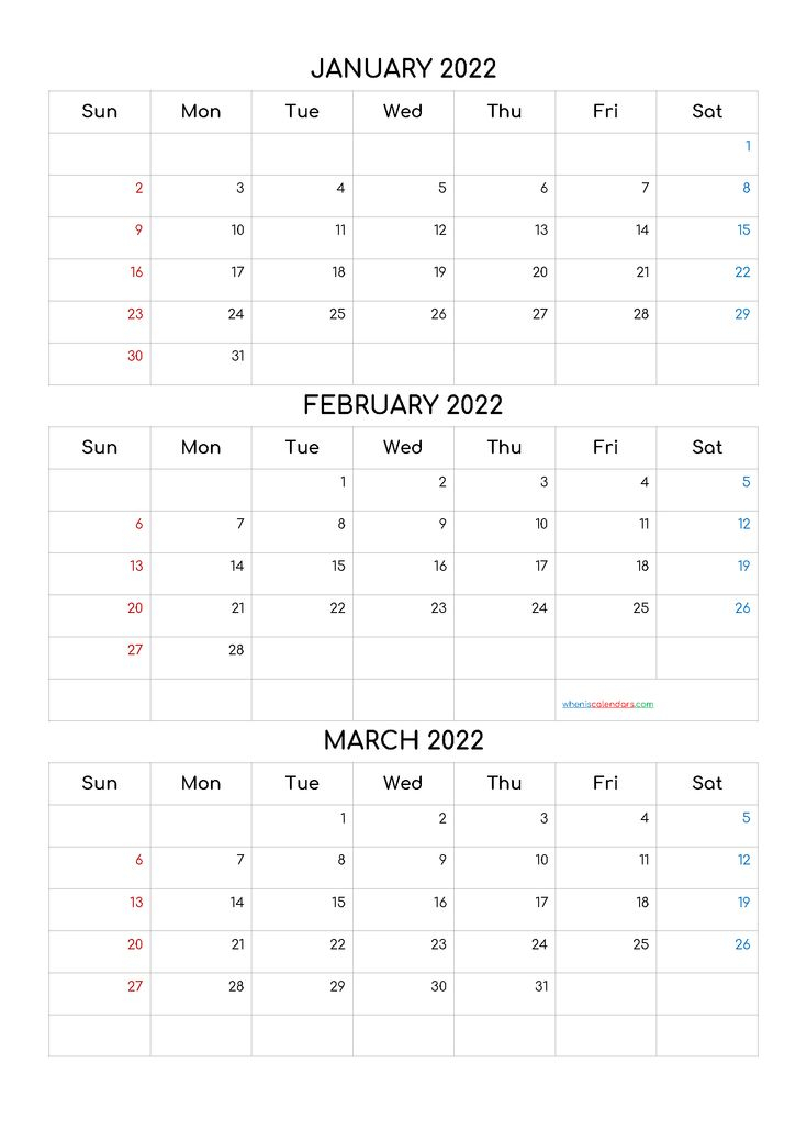 January February March 2022 Calendar Printable Free [Q1-Q2