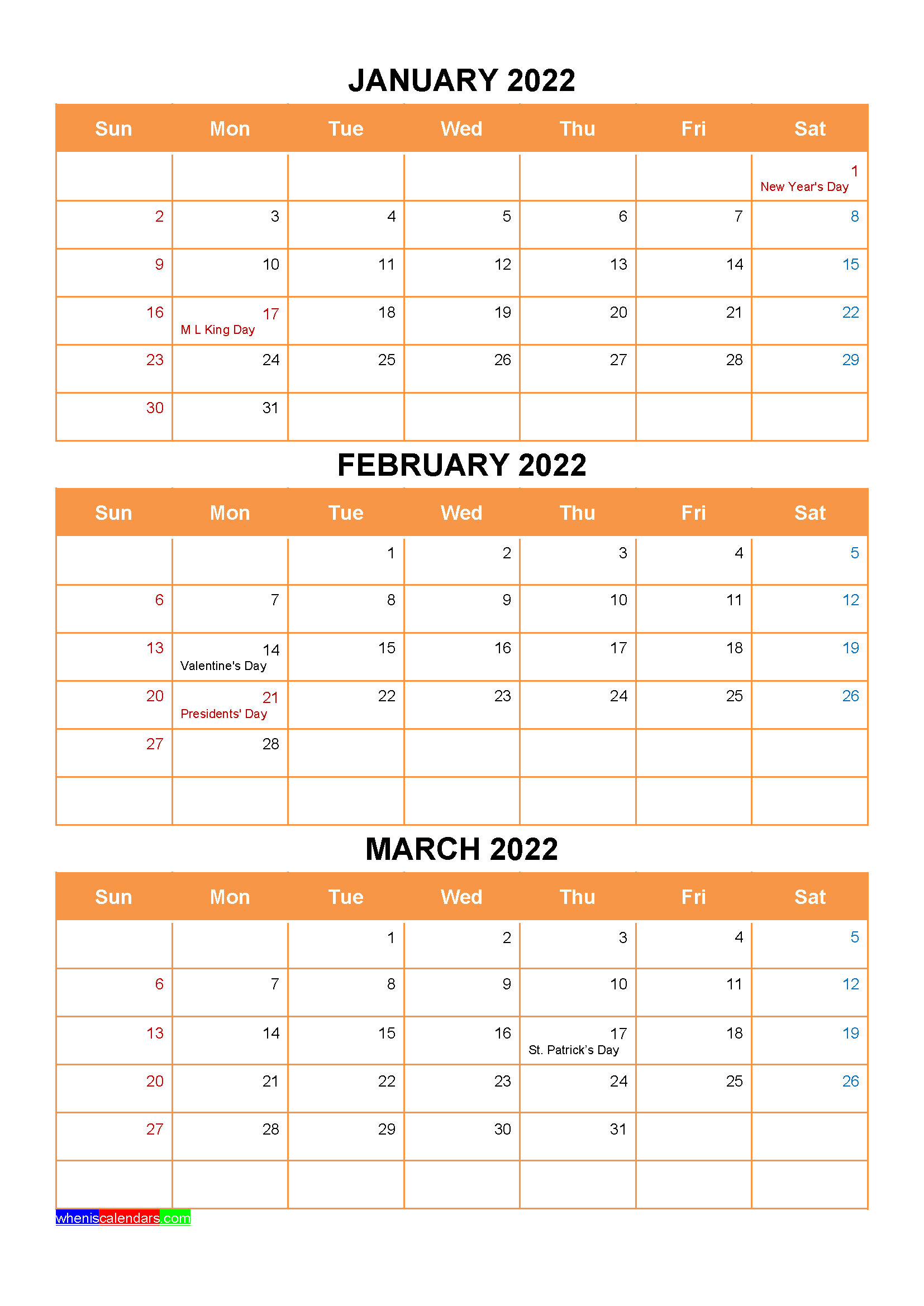 January February March 2022 Calendar With Holidays Word