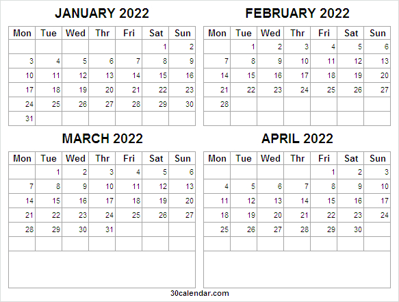 January To April 2022 Calendar | 2022 Printable Calendar