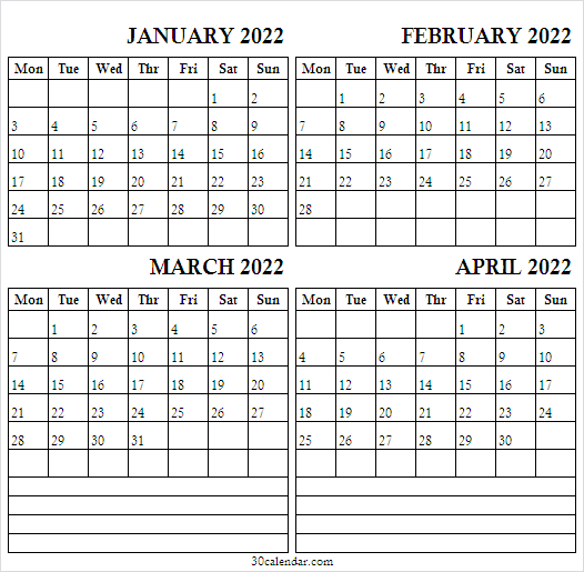 January To April 2022 Calendar Word | 2022 Template Free