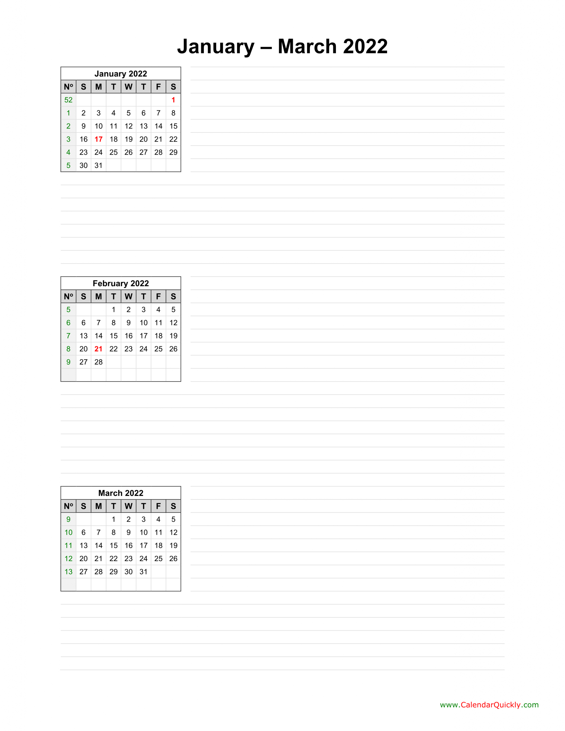 January To March 2022 Calendar | Calendar Quickly