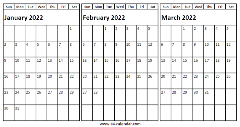January To March 2022 Calendar Vertical - Jan 2022 Printable Calendar