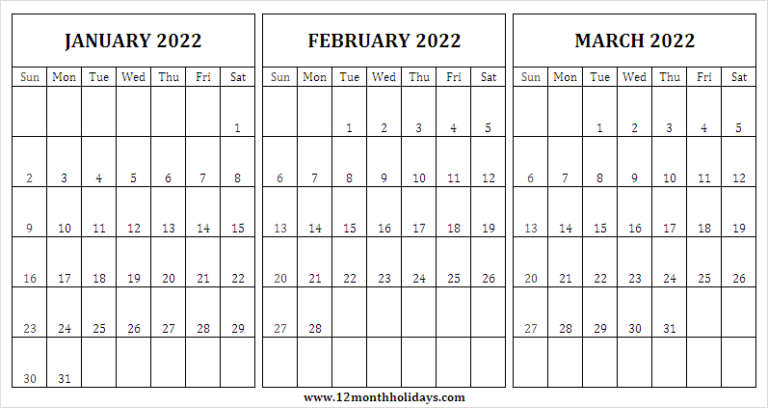 January To March 2022 Printable Calendar | 2022 Calendar