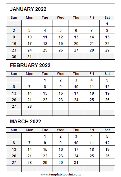 January To March 2022 Printable Calendar - Blank Template