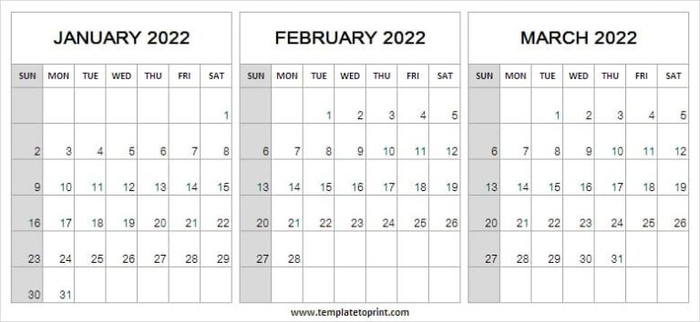 January To March 2022 Printable Calendar - Blank Template